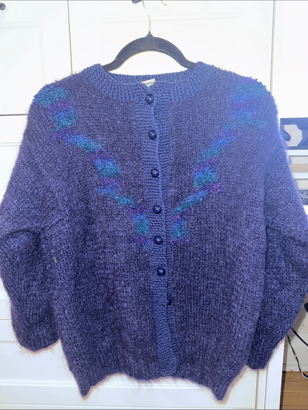 Women's Chunky Knit Button-Front Cardigan Sweater - Navy with Teal Accents